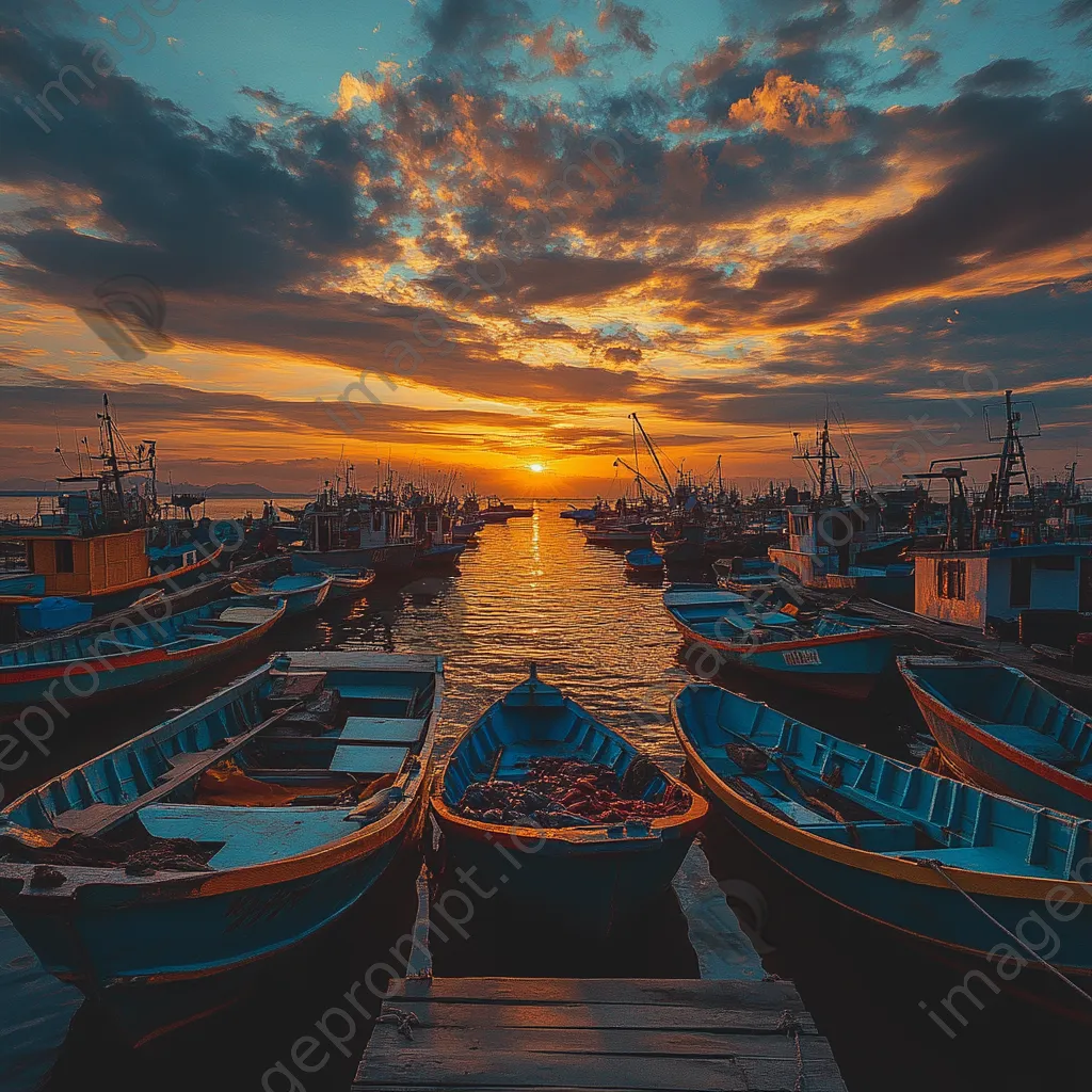 Vivid sunset at a fishing dock with colorful boats and fishermen working. - Image 2