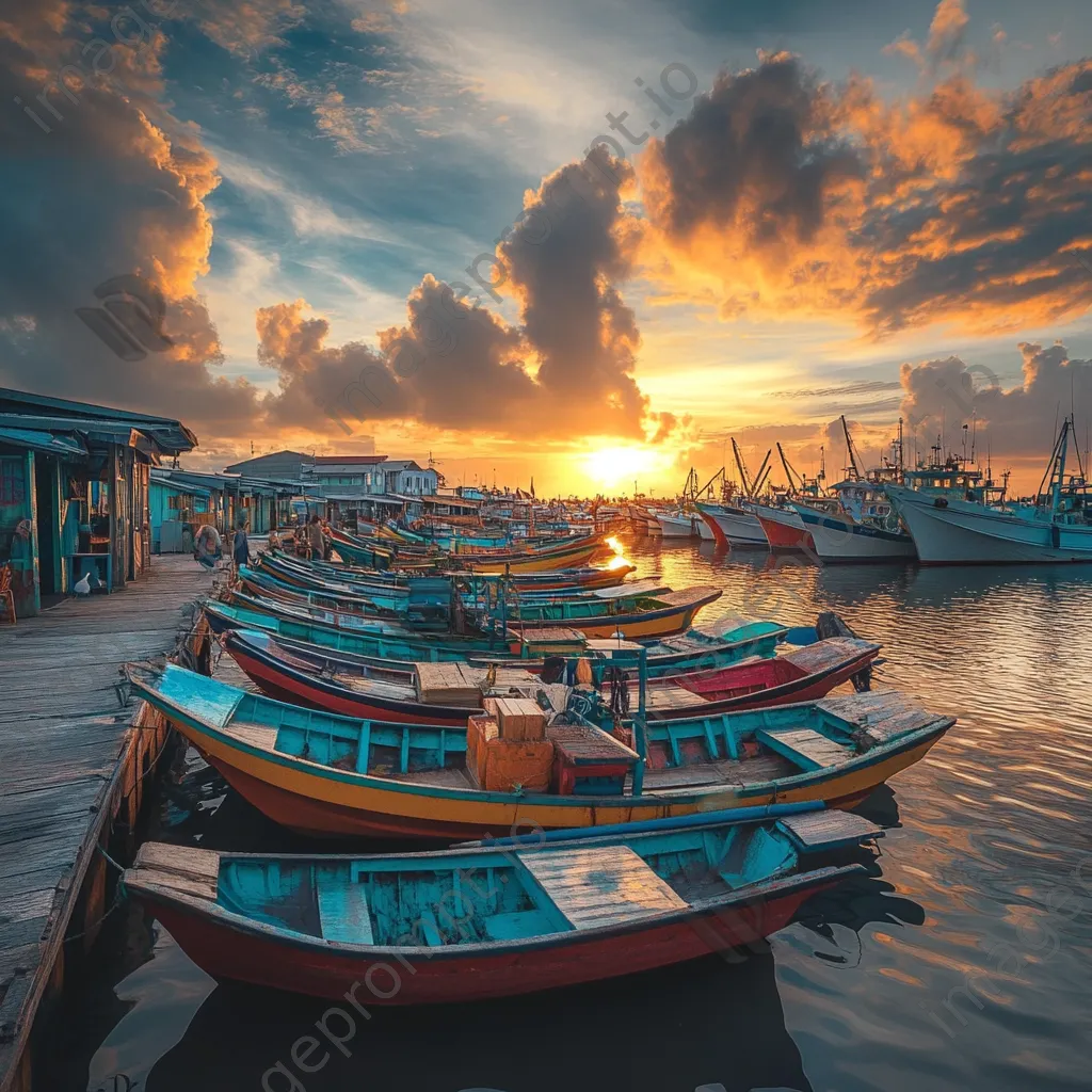 Vivid sunset at a fishing dock with colorful boats and fishermen working. - Image 3