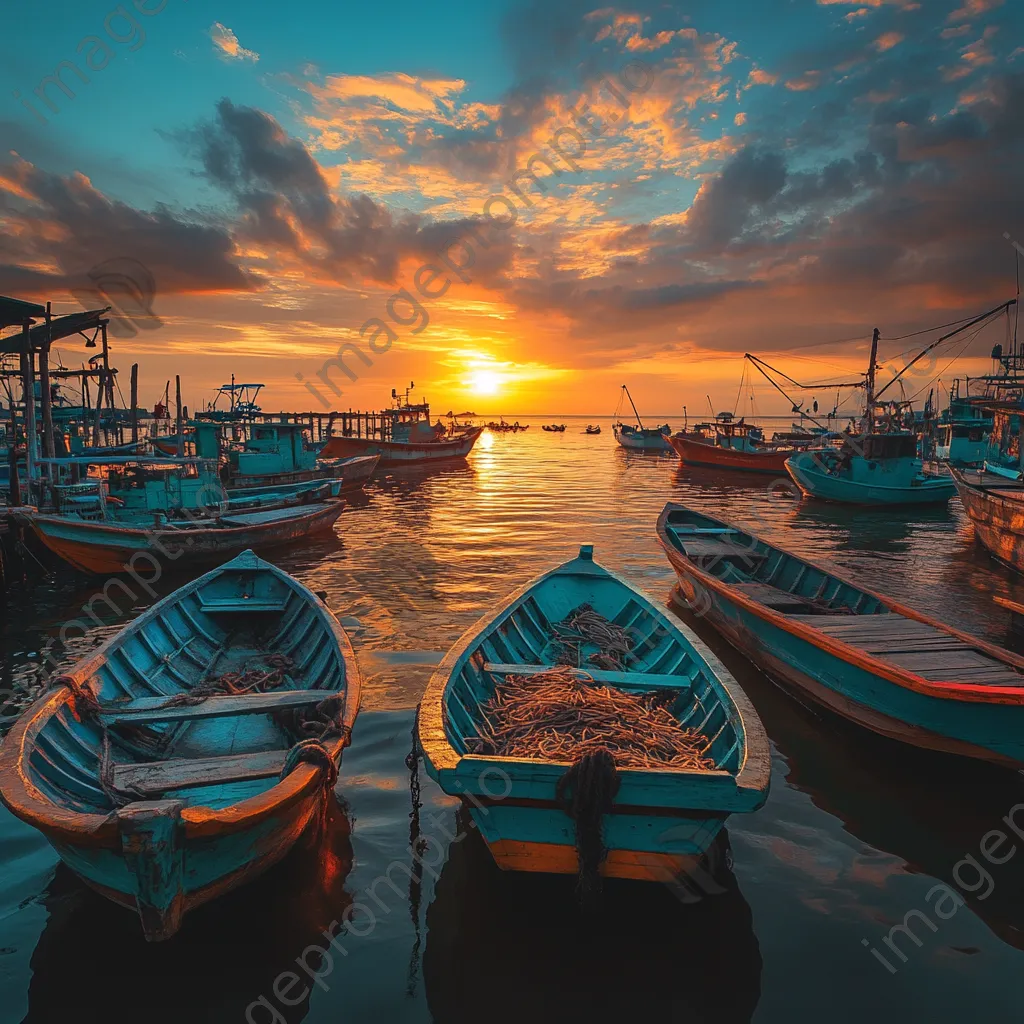 Vivid sunset at a fishing dock with colorful boats and fishermen working. - Image 4