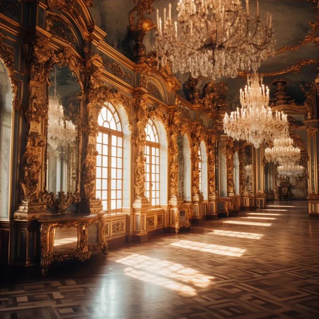 Luxurious Baroque palace interior with ornate chandeliers in golden light - Image 3