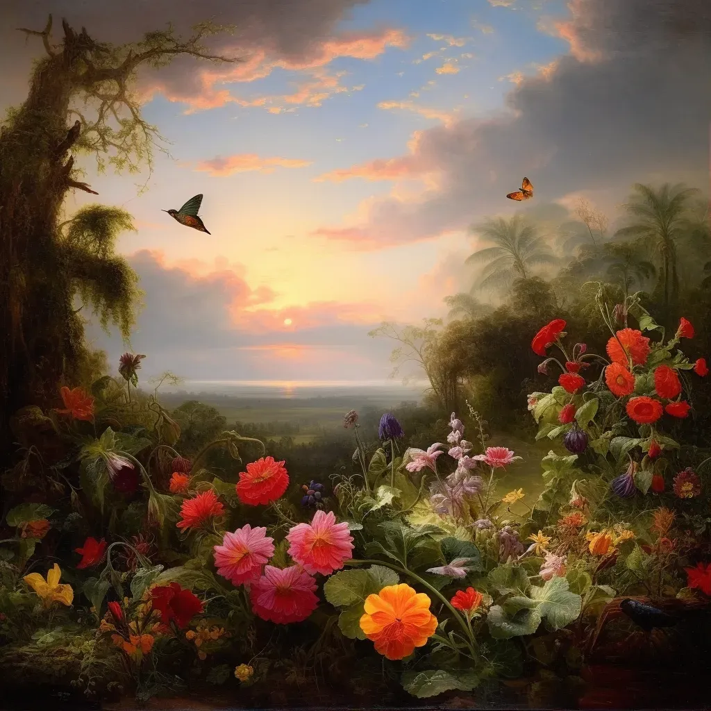 Illustration of butterflies in a colorful garden at dawn - Image 1