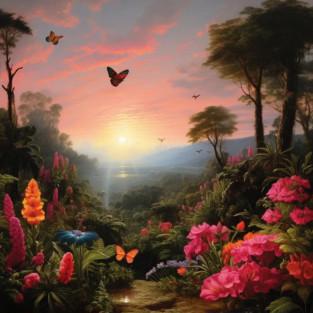 Illustration of butterflies in a colorful garden at dawn - Image 2