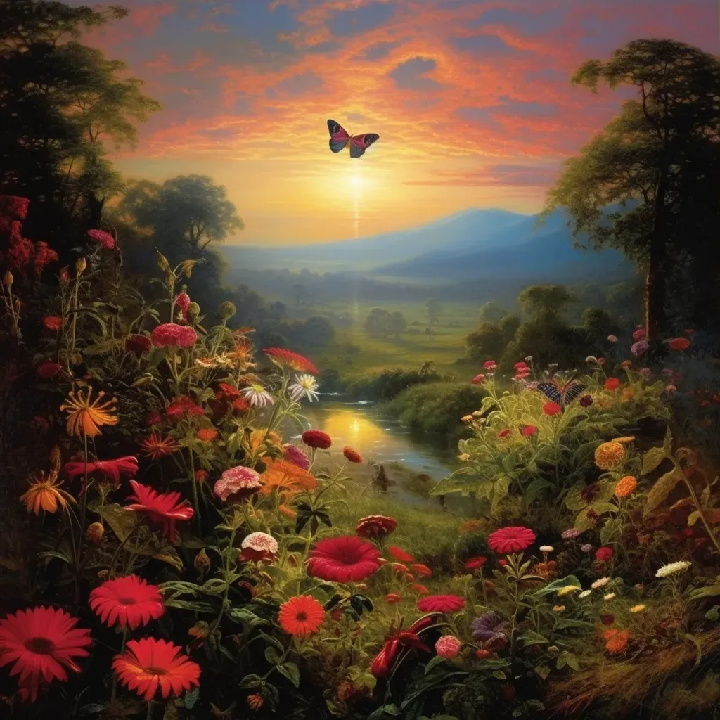 Illustration of butterflies in a colorful garden at dawn - Image 3