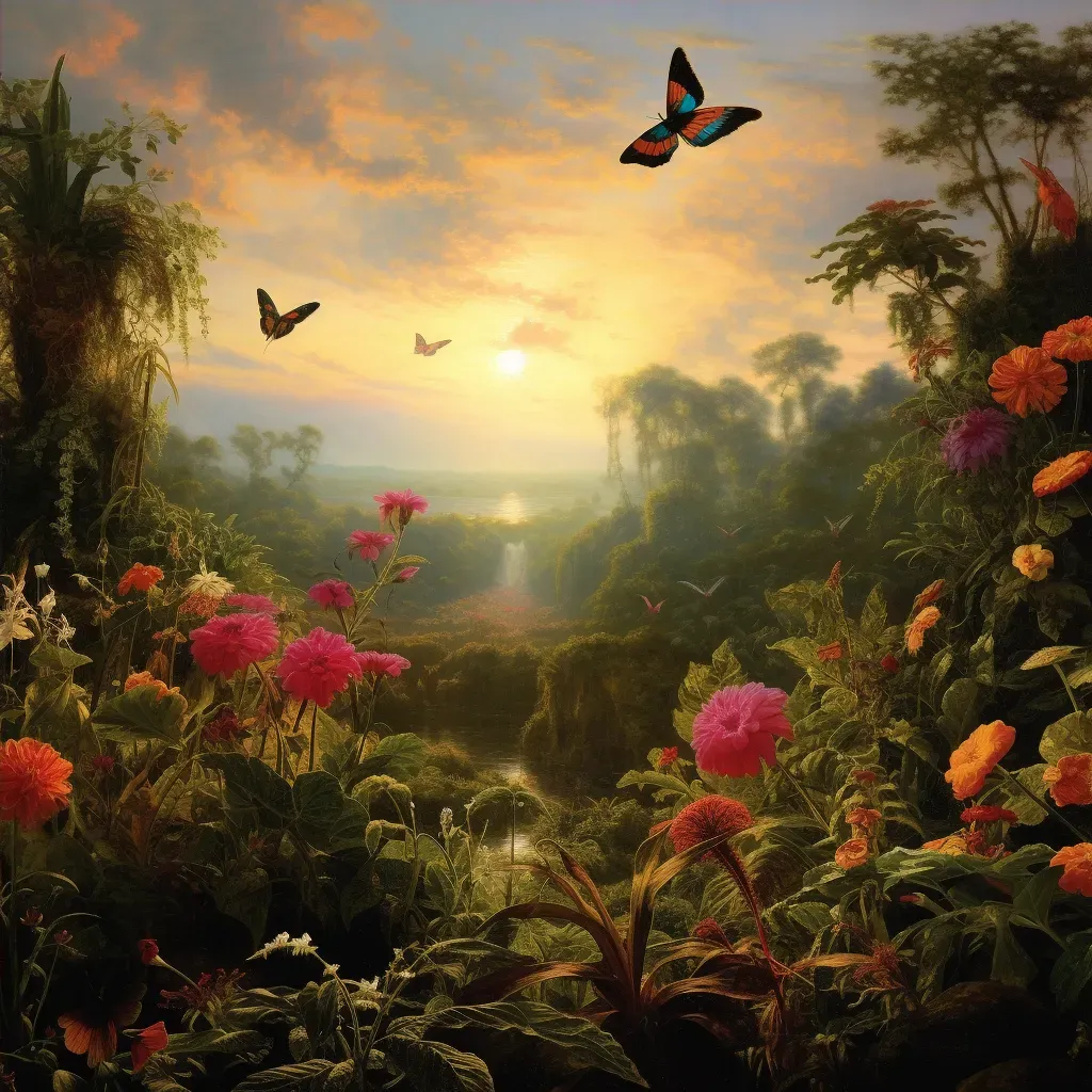 Illustration of butterflies in a colorful garden at dawn - Image 4