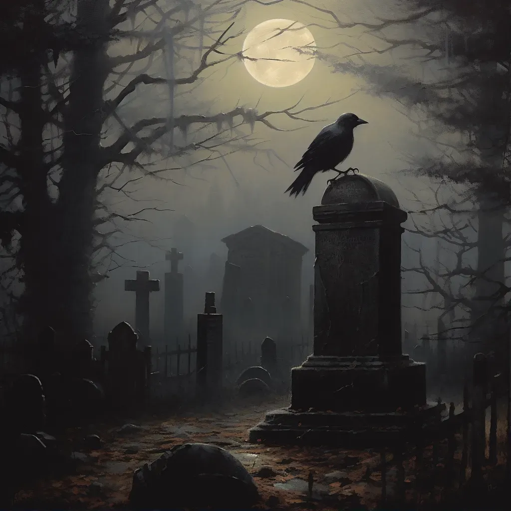 Image of a moonlit graveyard scene with mist and a solitary raven - Image 1