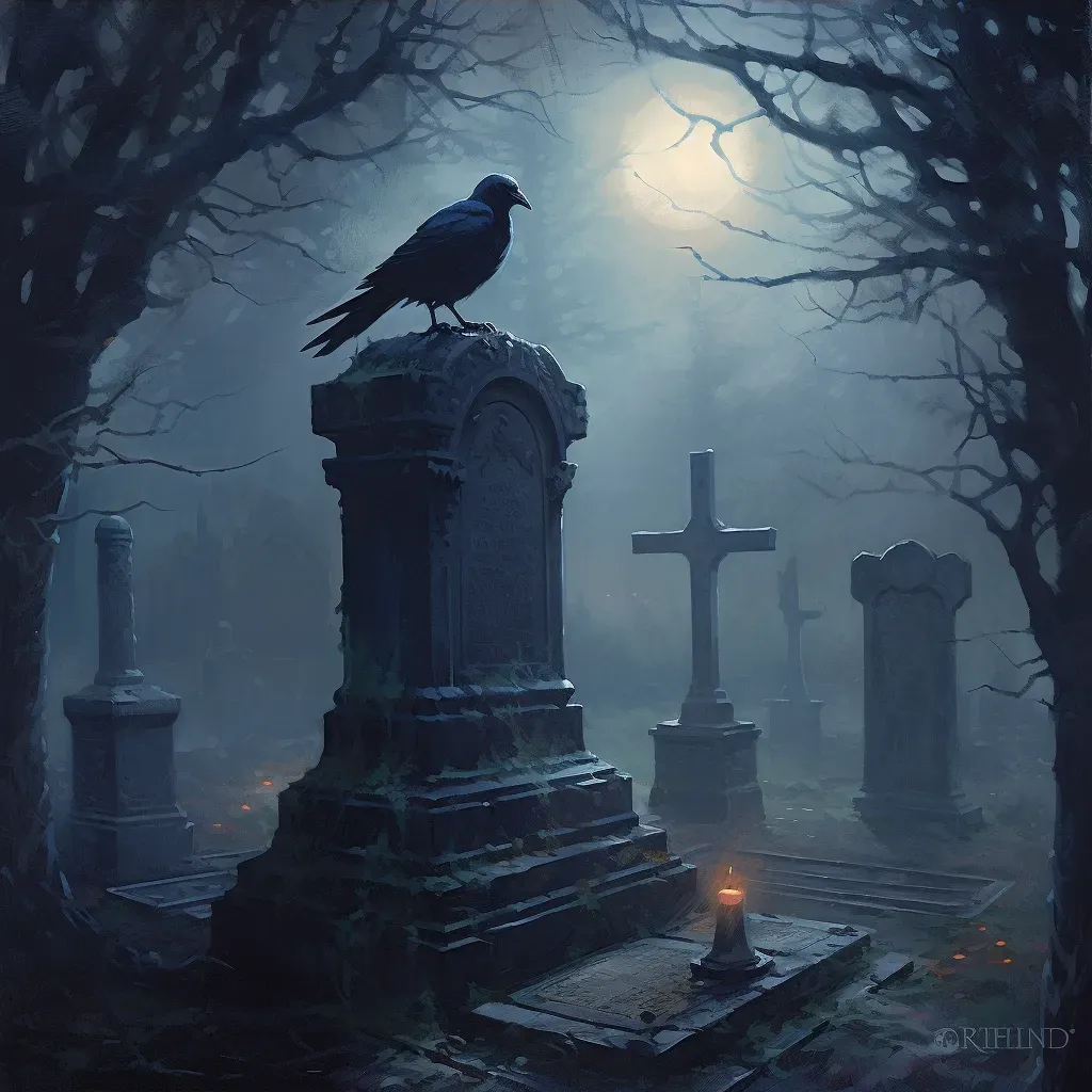 Image of a moonlit graveyard scene with mist and a solitary raven - Image 3