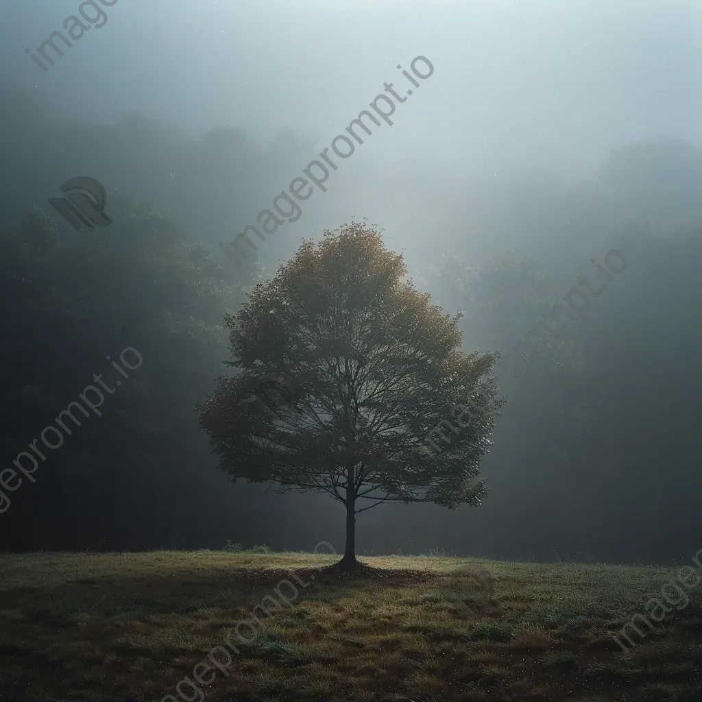 Single tree in misty forest clearing shot on Fujifilm GFX 100S - Image 1