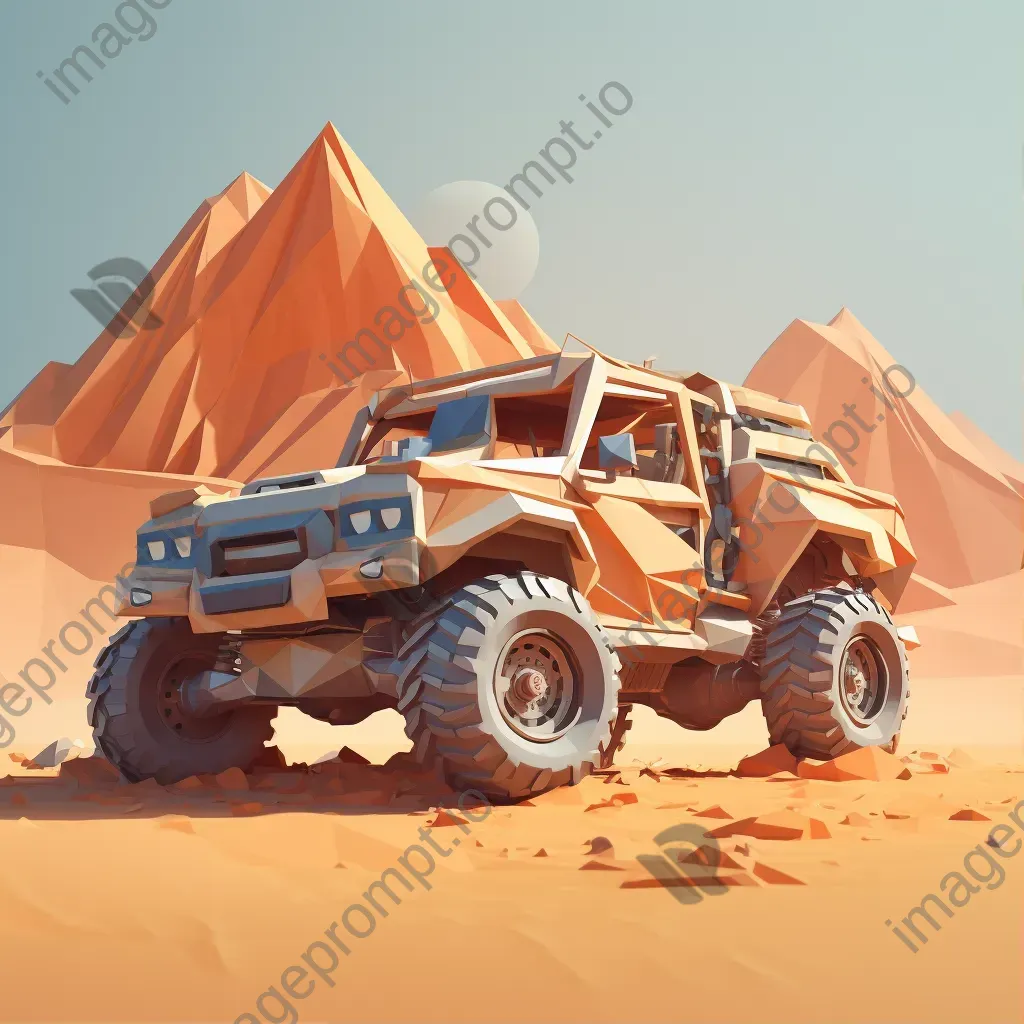 Off-road vehicle trekking through desert in low poly style with trailing dust - Image 1