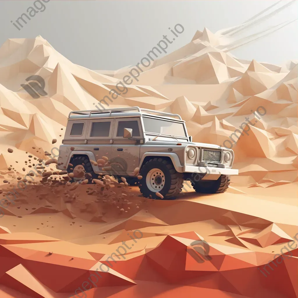 Off-road vehicle trekking through desert in low poly style with trailing dust - Image 3