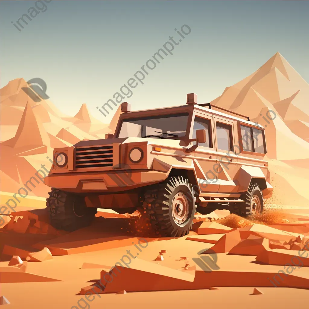 Off-road vehicle trekking through desert in low poly style with trailing dust - Image 4