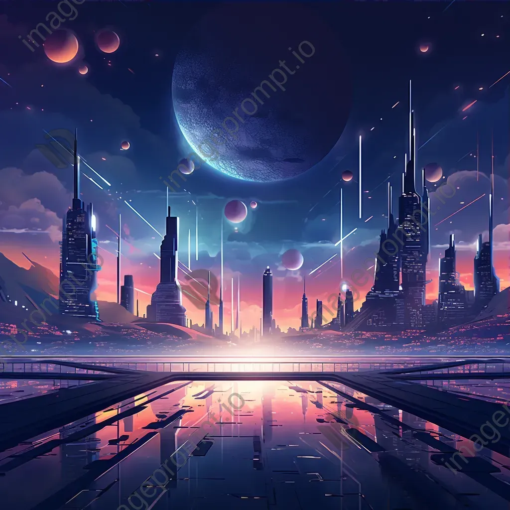 Low poly digital art of a futuristic spaceport city under an alien sky - Image 3