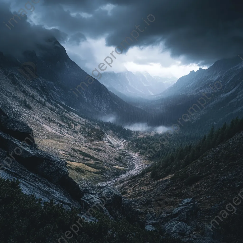 Mountain valley under stormy skies with rain and rugged terrain - Image 1