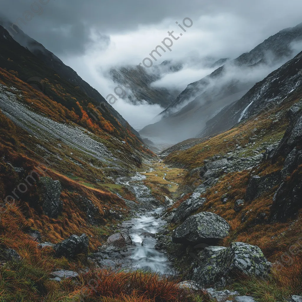 Mountain valley under stormy skies with rain and rugged terrain - Image 3