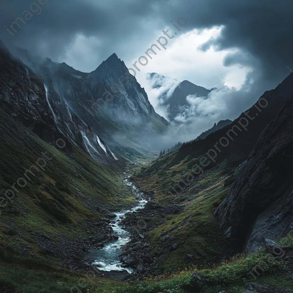 Mountain valley under stormy skies with rain and rugged terrain - Image 4