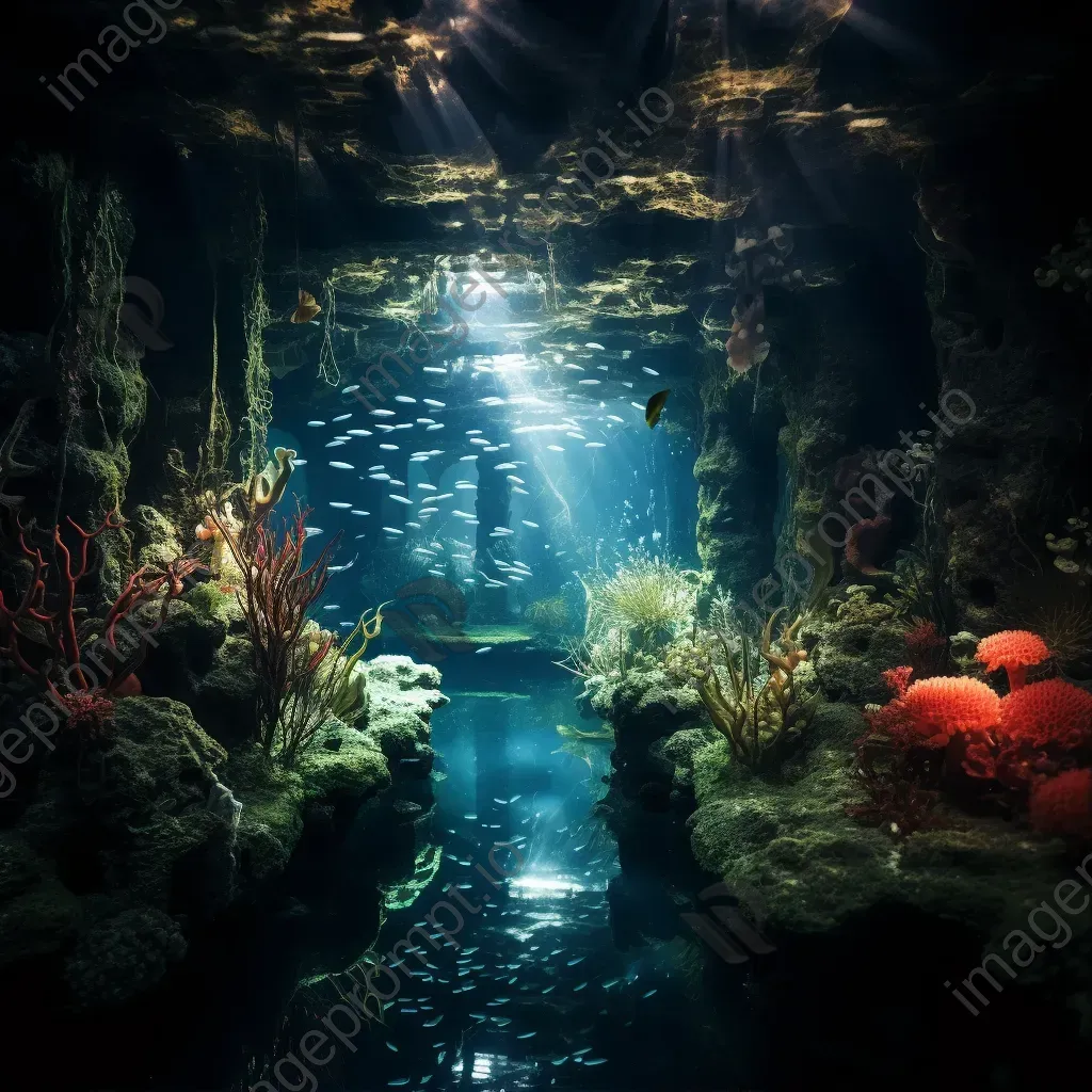 Enchanted underwater grotto with bioluminescent creatures - Image 1