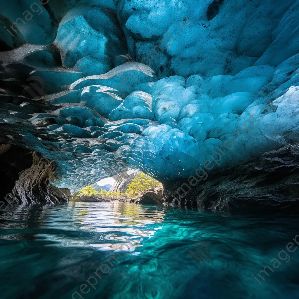 View of a glacier cave with rippled ice and turquoise reflections - Image 1