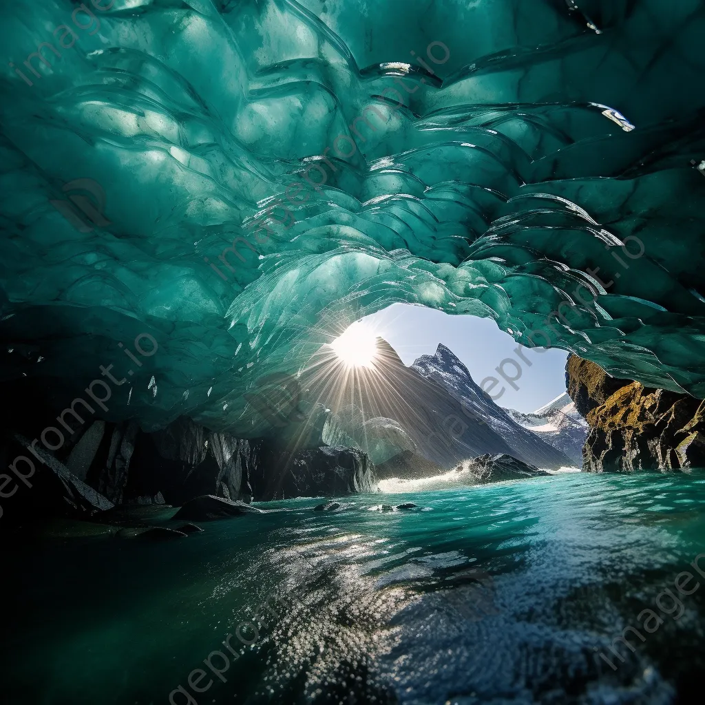 View of a glacier cave with rippled ice and turquoise reflections - Image 2