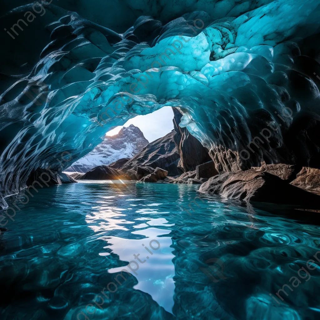 View of a glacier cave with rippled ice and turquoise reflections - Image 3