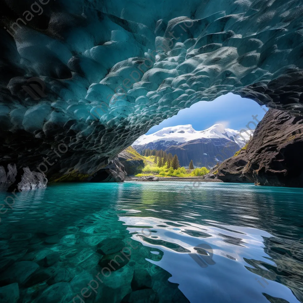 View of a glacier cave with rippled ice and turquoise reflections - Image 4