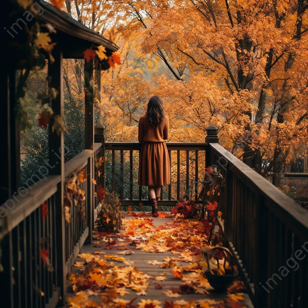 Wooden deck covered in autumn leaves with a sweater draped over the railing - Image 1