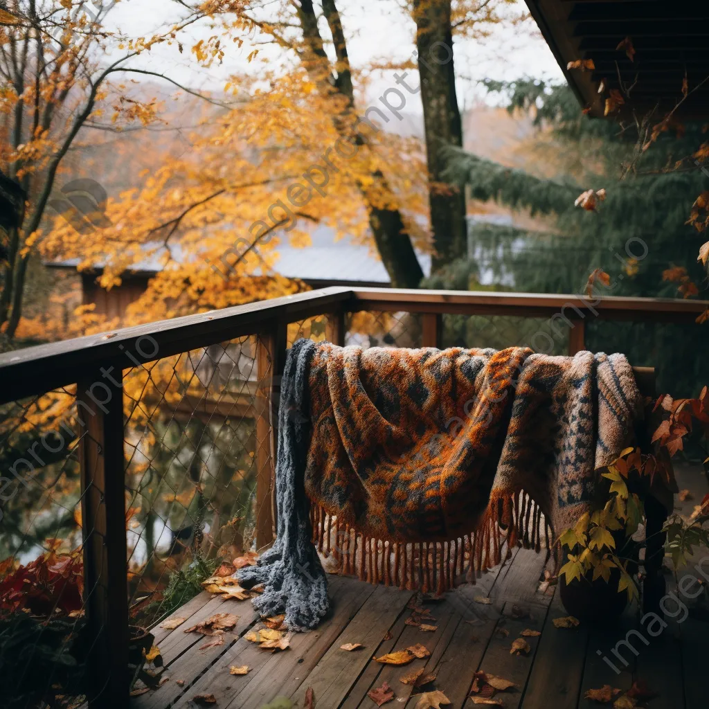 Wooden deck covered in autumn leaves with a sweater draped over the railing - Image 2