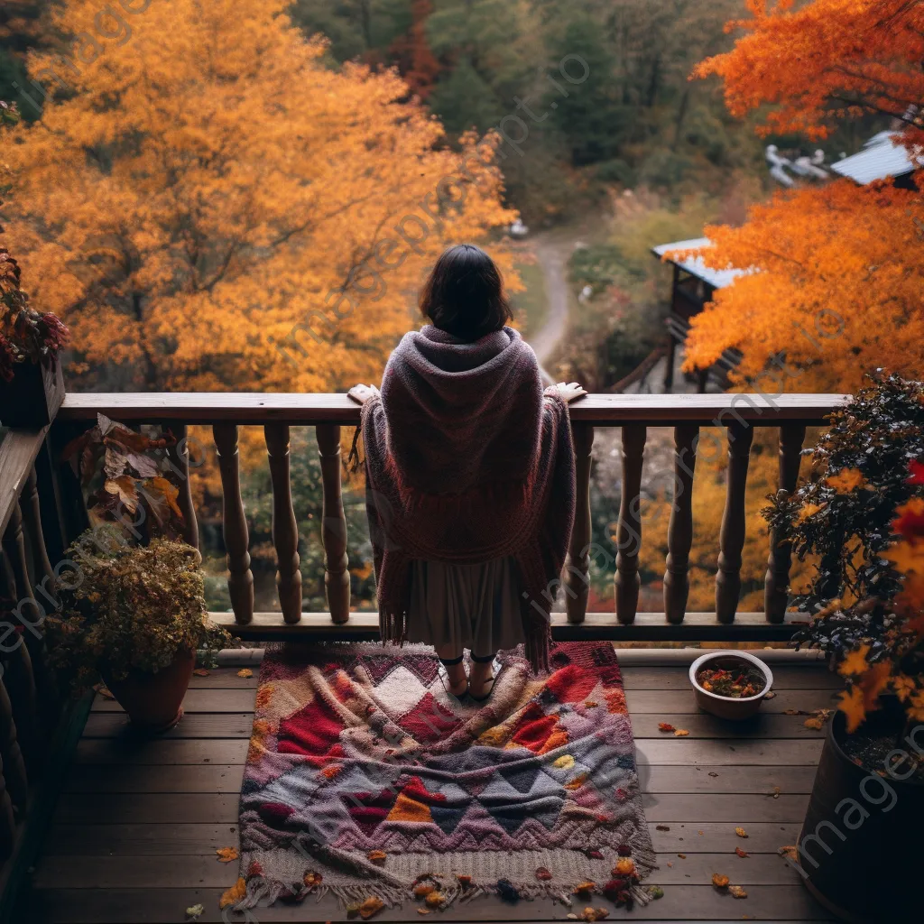 Wooden deck covered in autumn leaves with a sweater draped over the railing - Image 3