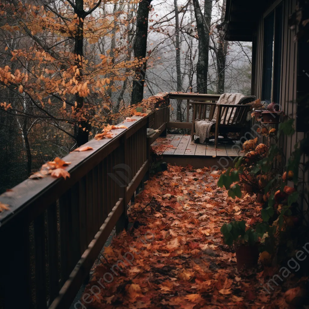 Wooden deck covered in autumn leaves with a sweater draped over the railing - Image 4