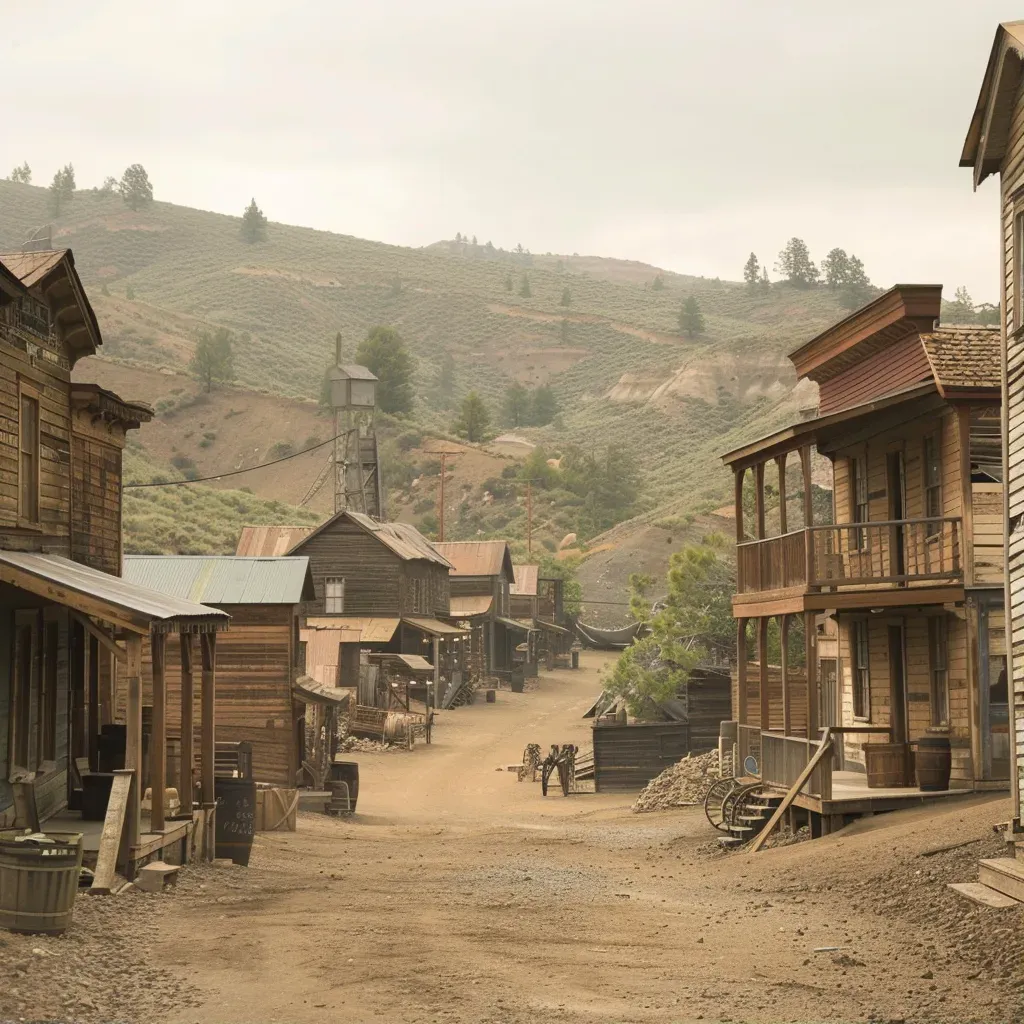 Gold Rush mining town with wooden buildings and dusty streets - Image 1