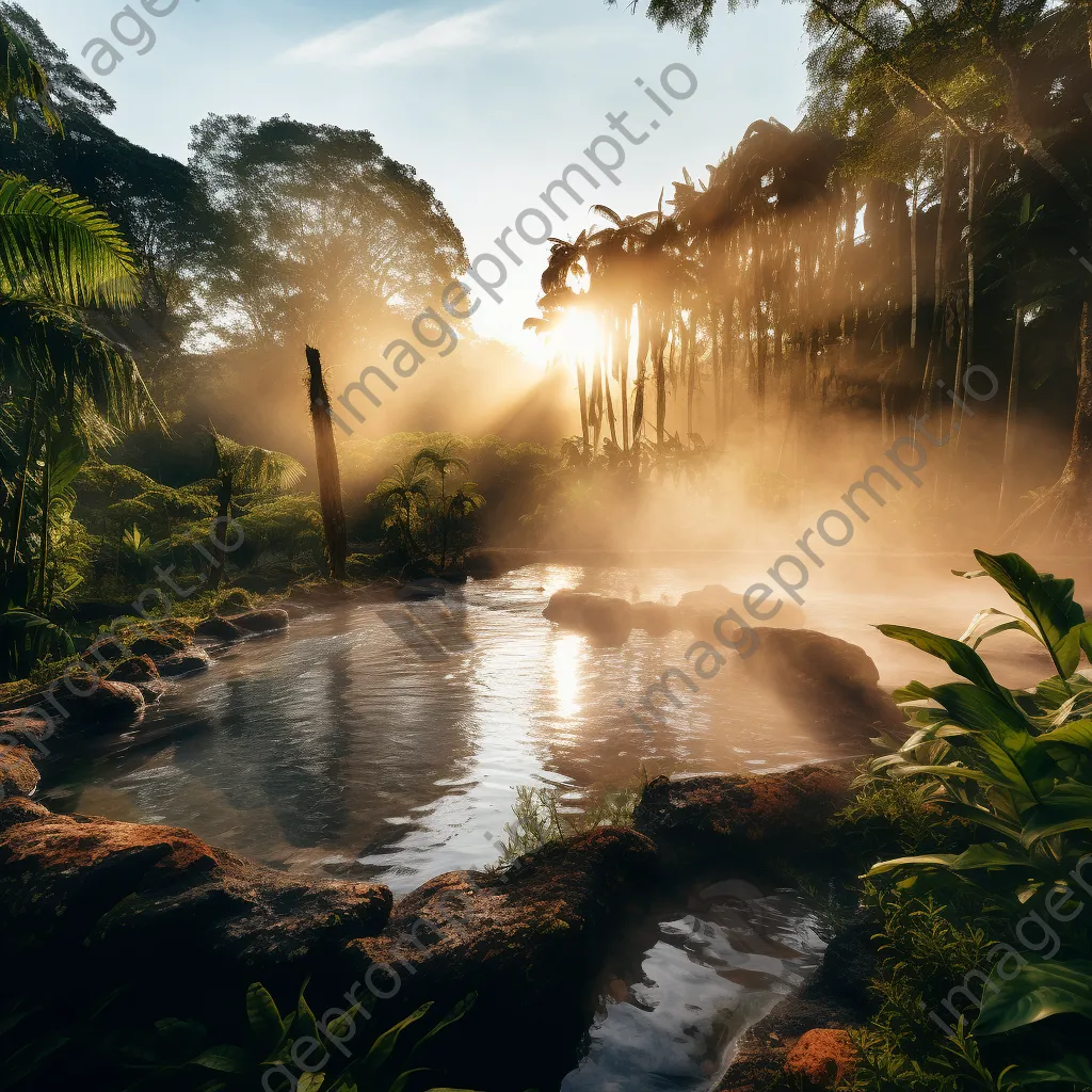 Serene geothermal spring with steam and greenery during sunset. - Image 2