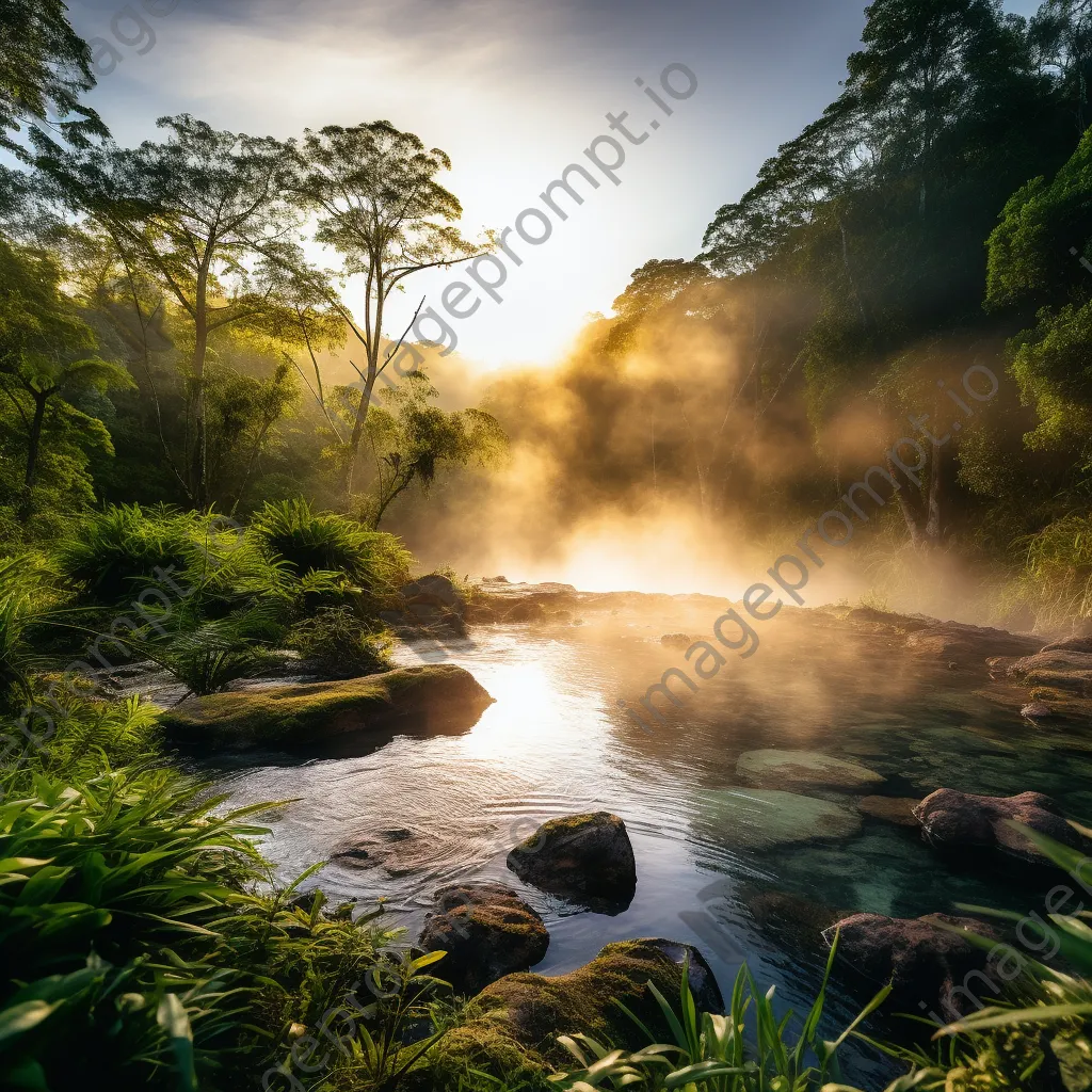 Serene geothermal spring with steam and greenery during sunset. - Image 3