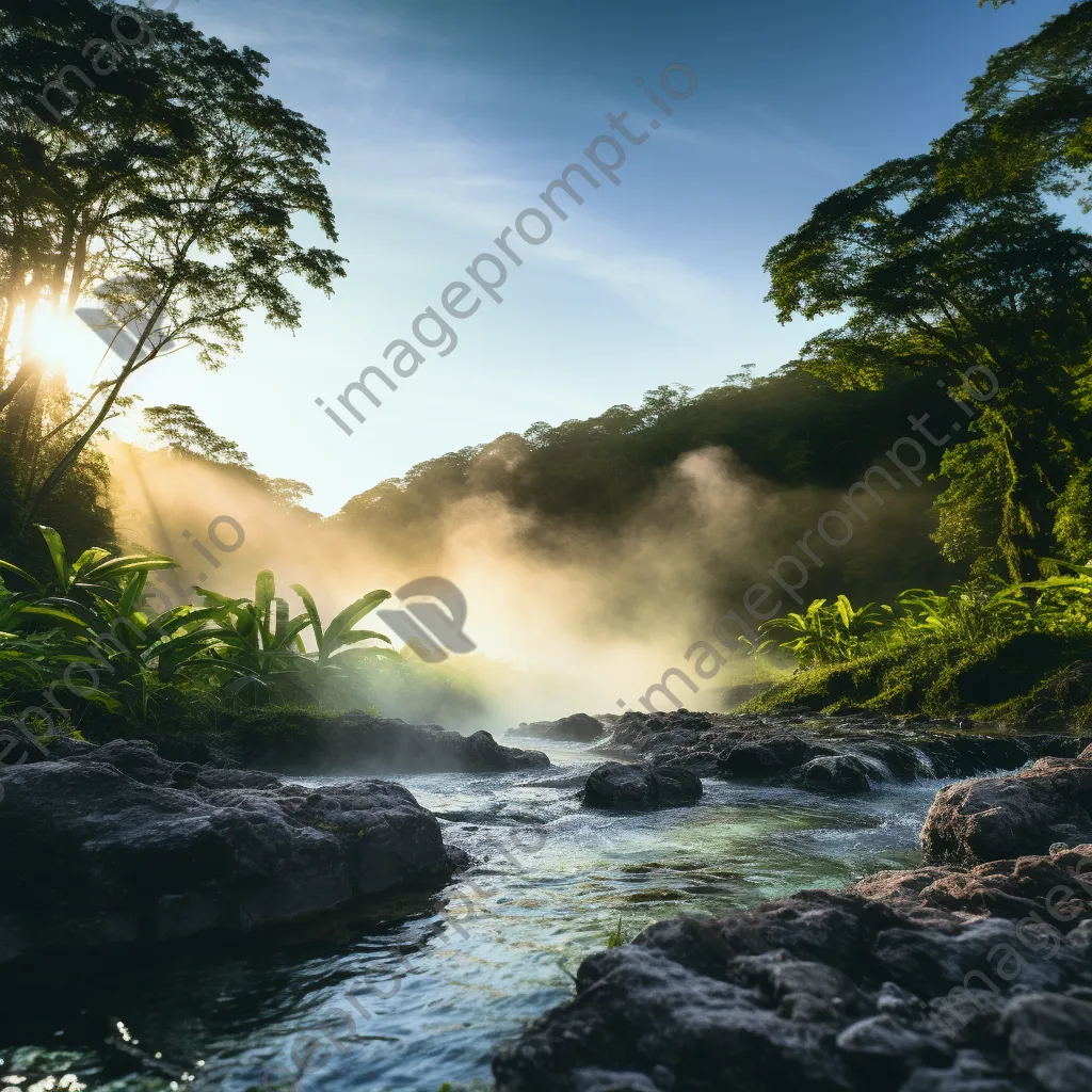 Serene geothermal spring with steam and greenery during sunset. - Image 4