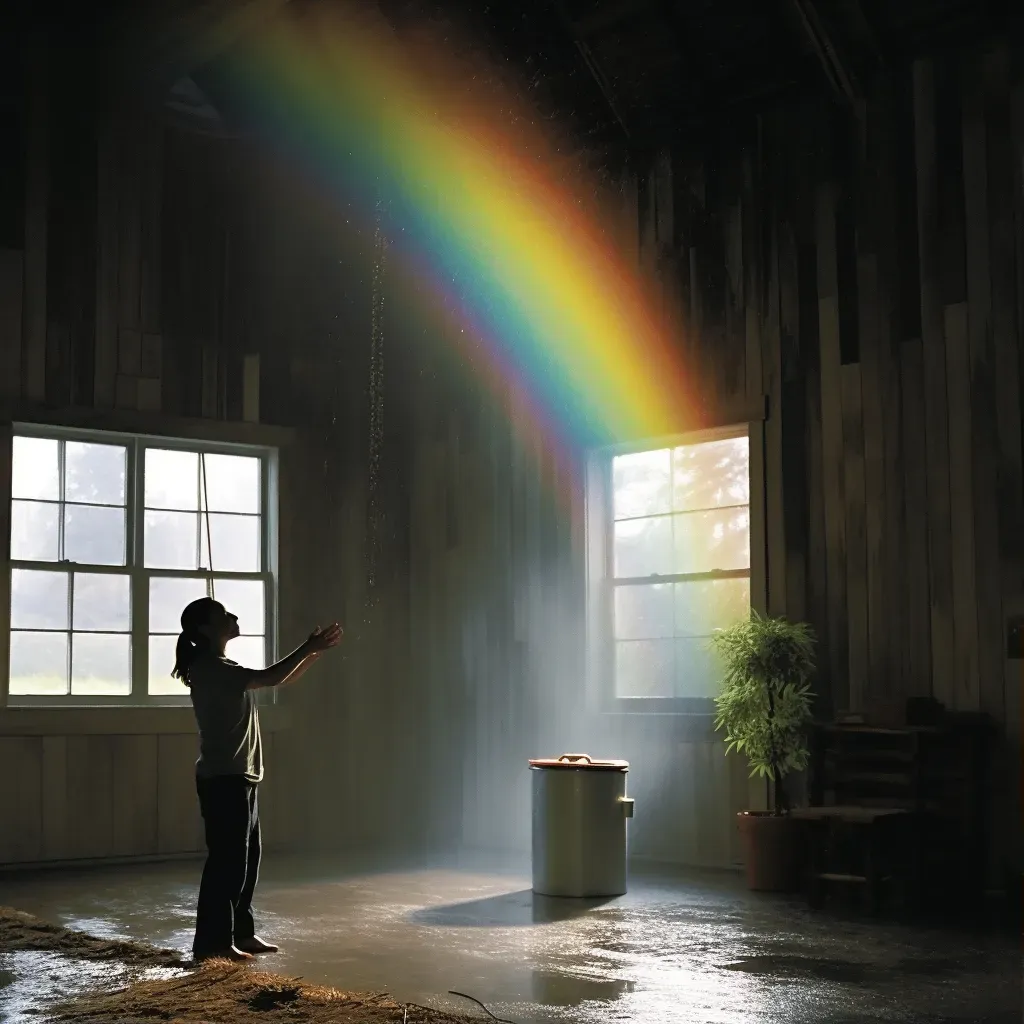 Woman gathering rainwater with a rainbow in the background - Image 1