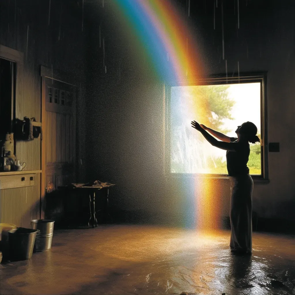 Woman gathering rainwater with a rainbow in the background - Image 2