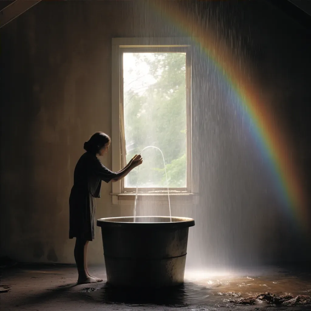 Woman gathering rainwater with a rainbow in the background - Image 4