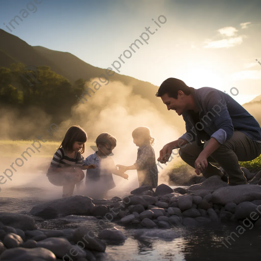 Family having fun at a geothermal hot spring with steam rising. - Image 1