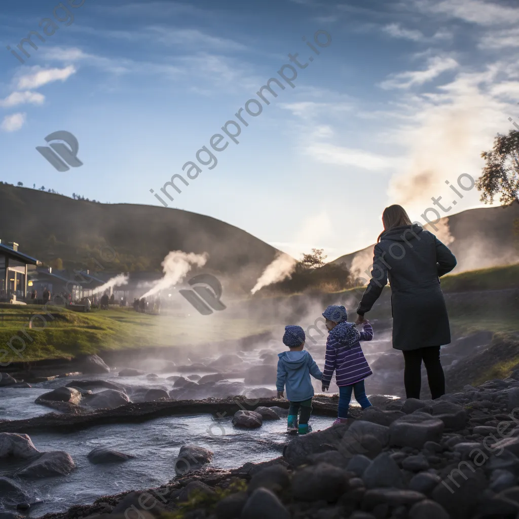 Family having fun at a geothermal hot spring with steam rising. - Image 2