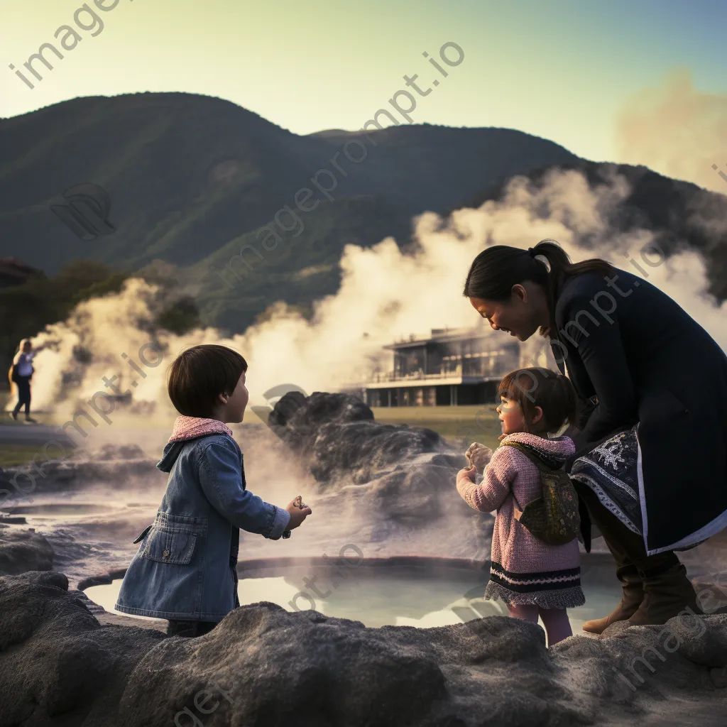 Family having fun at a geothermal hot spring with steam rising. - Image 3