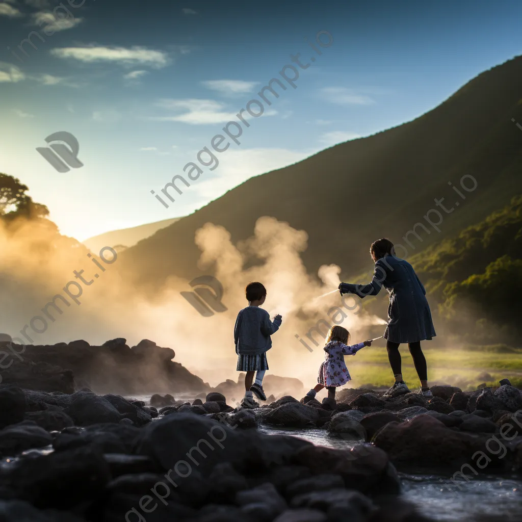 Family having fun at a geothermal hot spring with steam rising. - Image 4