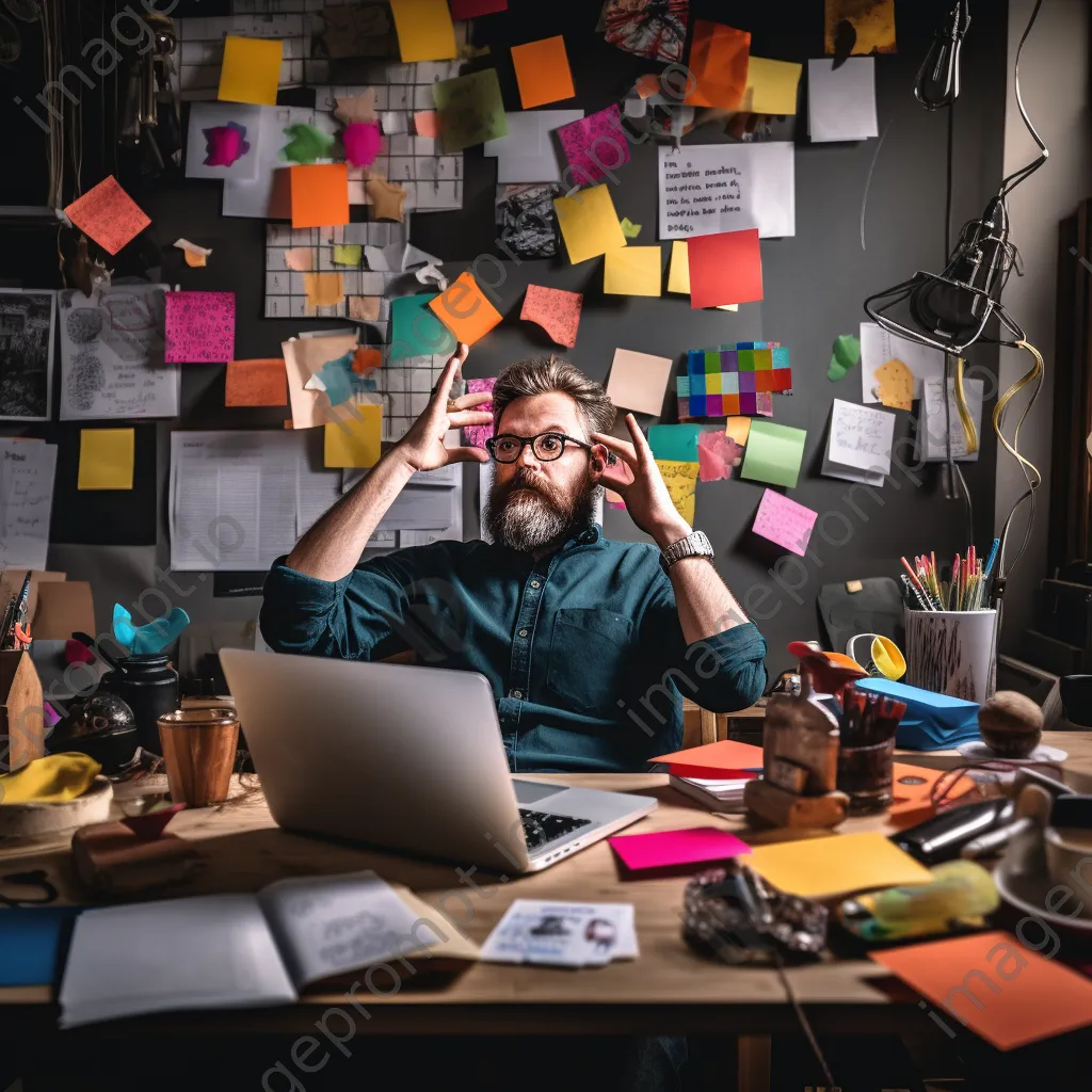 A professional multitasking at a desk with a laptop, coffee cup, and sticky notes. - Image 1