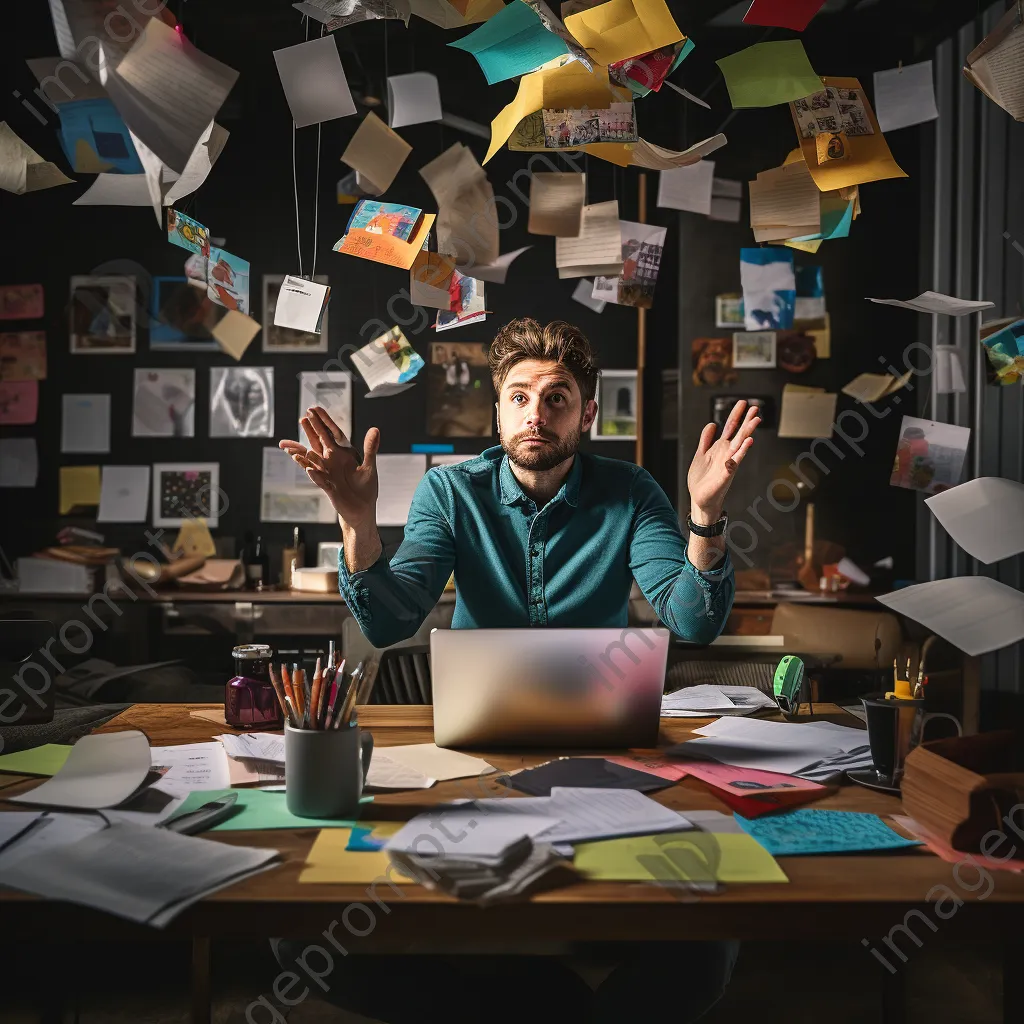 A professional multitasking at a desk with a laptop, coffee cup, and sticky notes. - Image 2