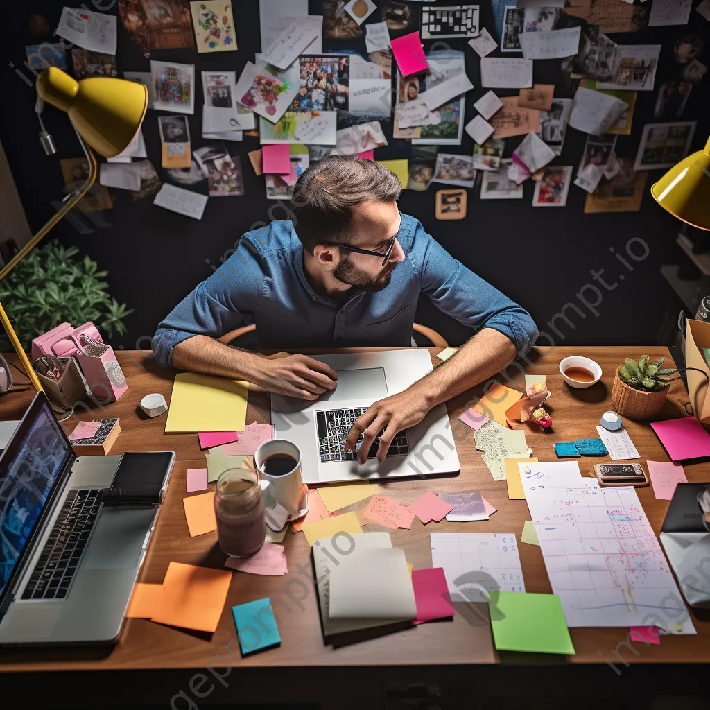 A professional multitasking at a desk with a laptop, coffee cup, and sticky notes. - Image 3