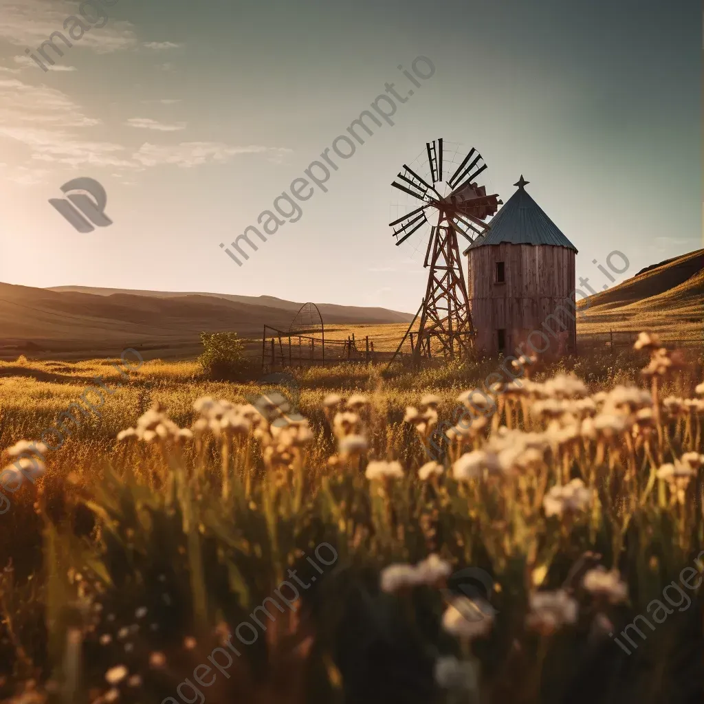 Rustic old windmill in a countryside field, with golden sunlight and rolling hills - Image 1