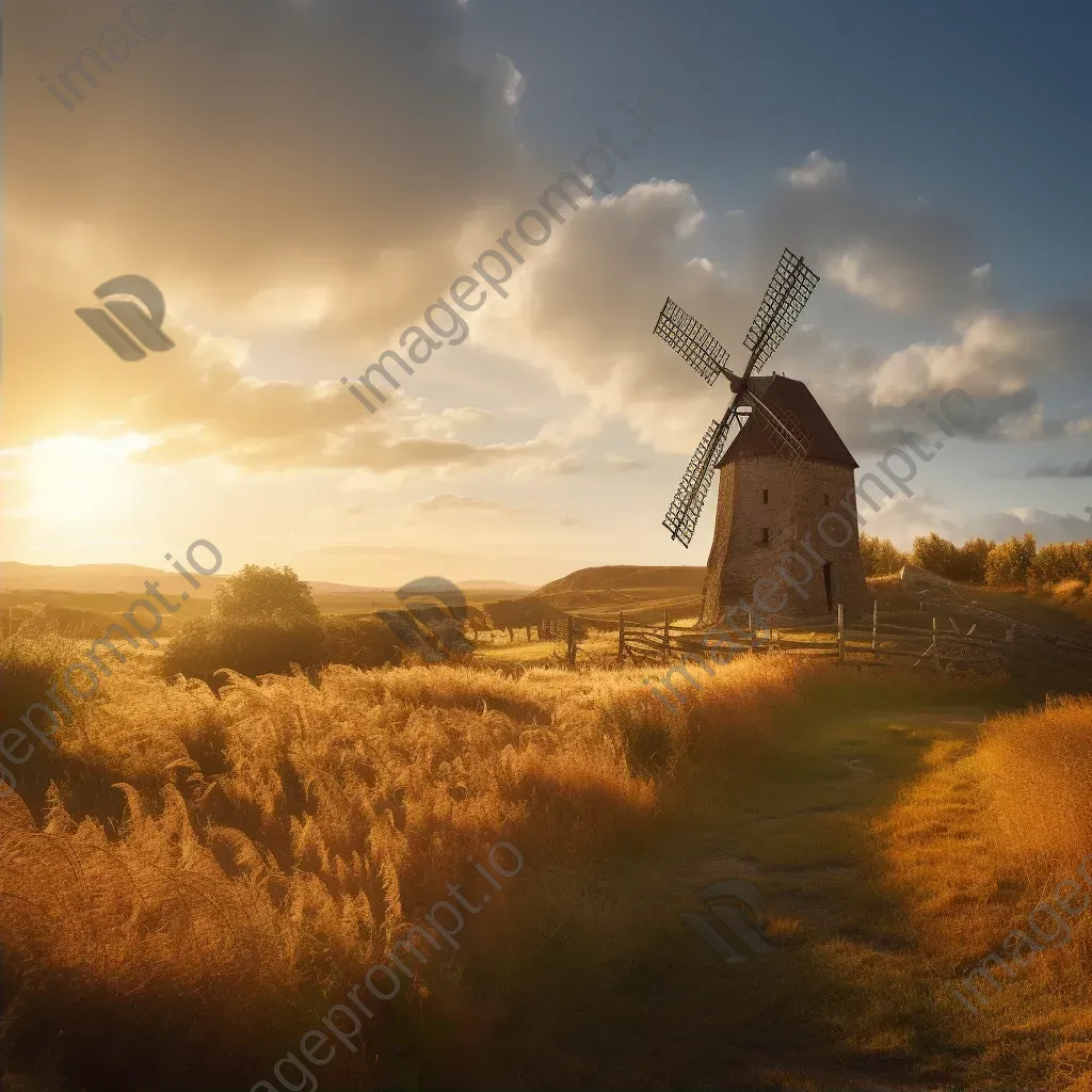 Rustic old windmill in a countryside field, with golden sunlight and rolling hills - Image 2