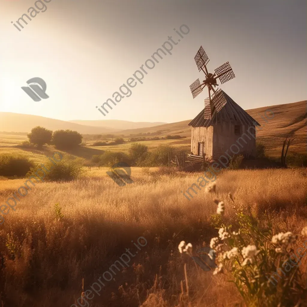 Rustic old windmill in a countryside field, with golden sunlight and rolling hills - Image 3