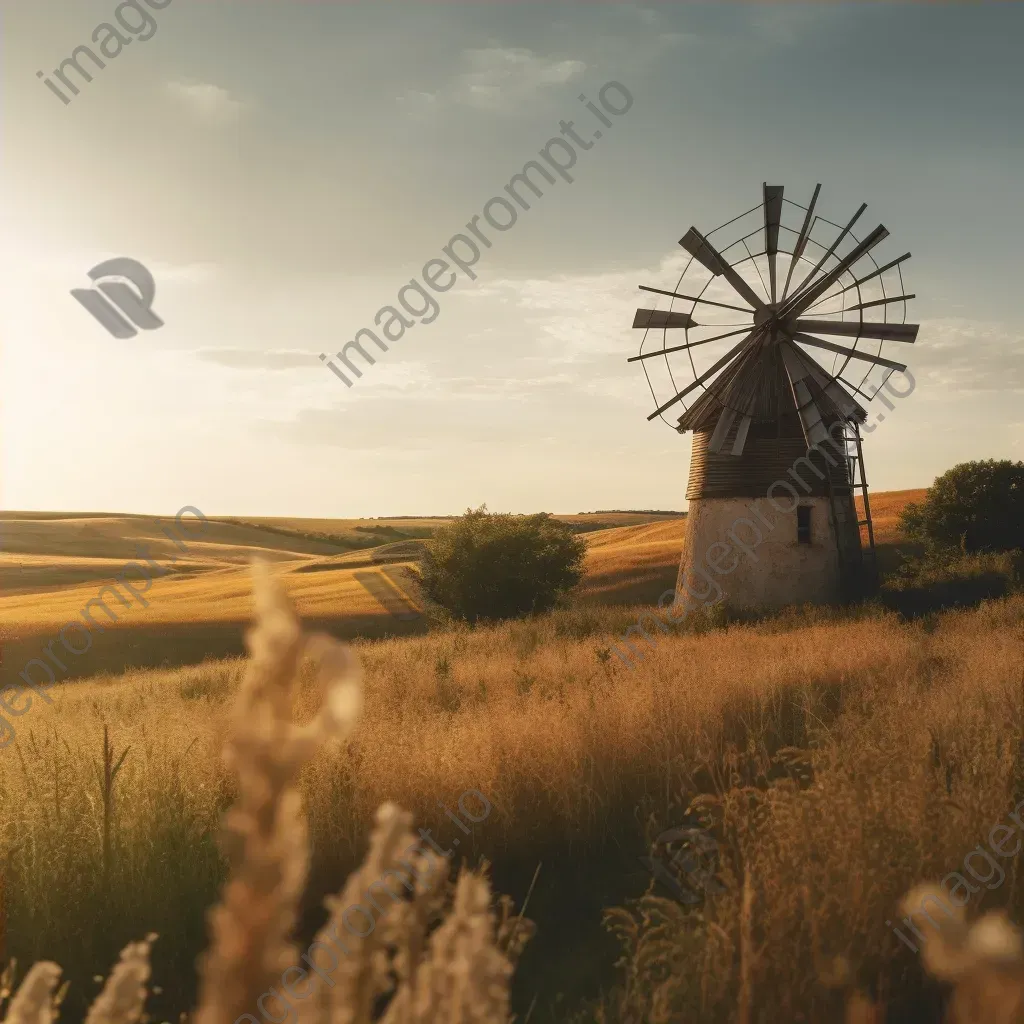 Rustic old windmill in a countryside field, with golden sunlight and rolling hills - Image 4