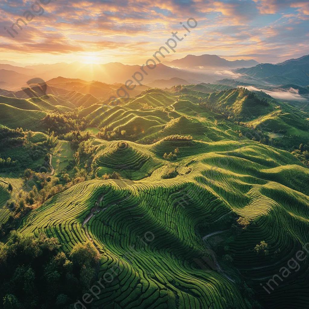 Panoramic view of tea plantations during sunset - Image 1