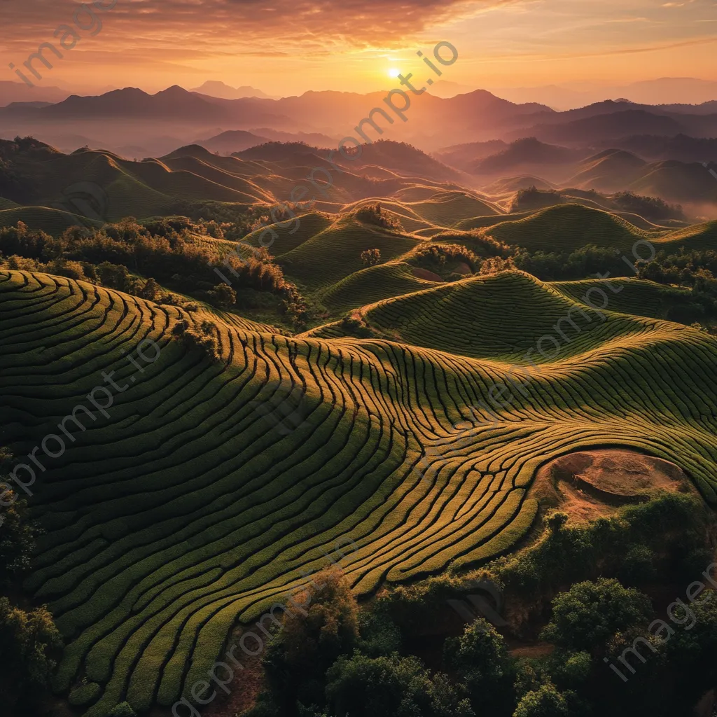 Panoramic view of tea plantations during sunset - Image 2