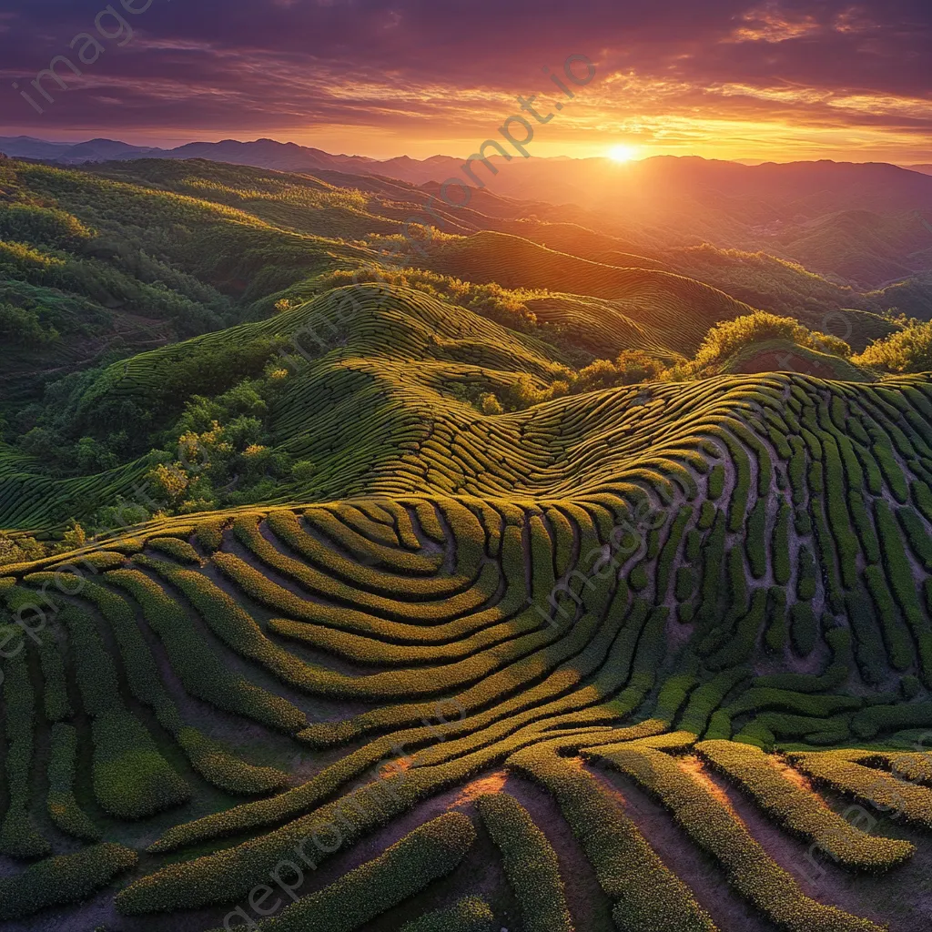 Panoramic view of tea plantations during sunset - Image 3