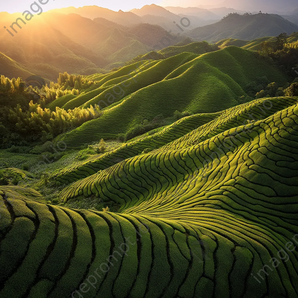 Panoramic view of tea plantations during sunset - Image 4