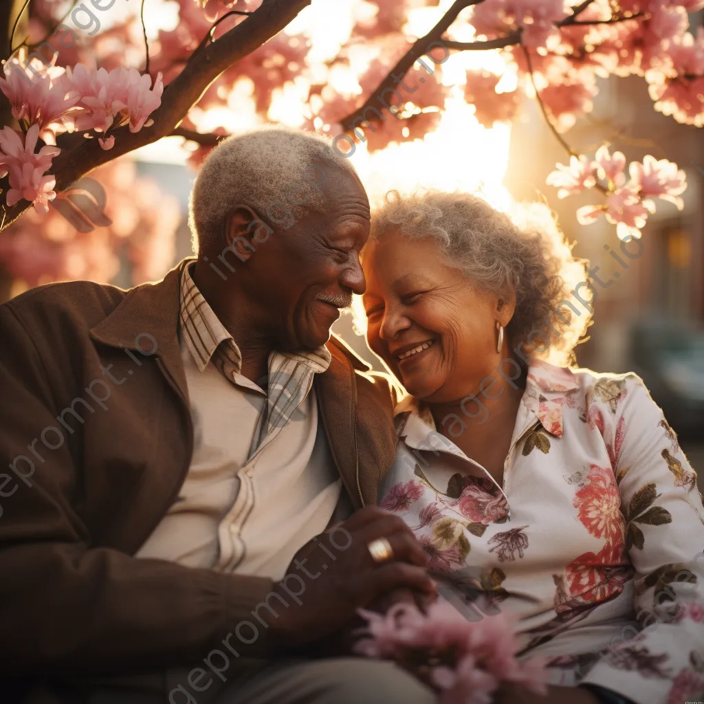 Elderly couple sitting under a flowering tree - Image 1